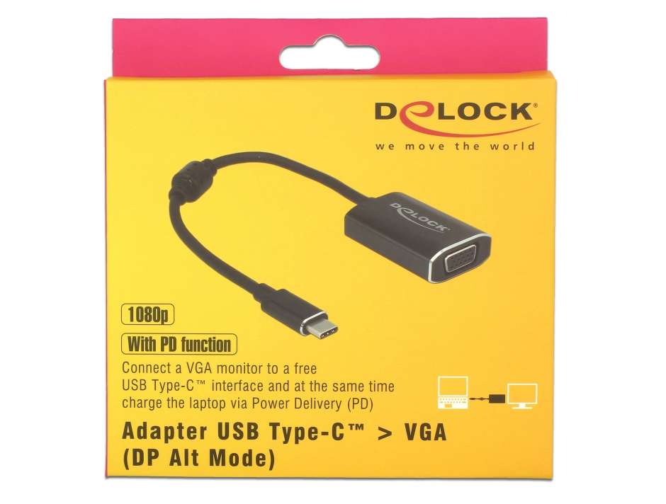Imagine Adaptor USB-C la VGA (DP Alt Mode) T-M cu PD (Power delivery), Delock 62989