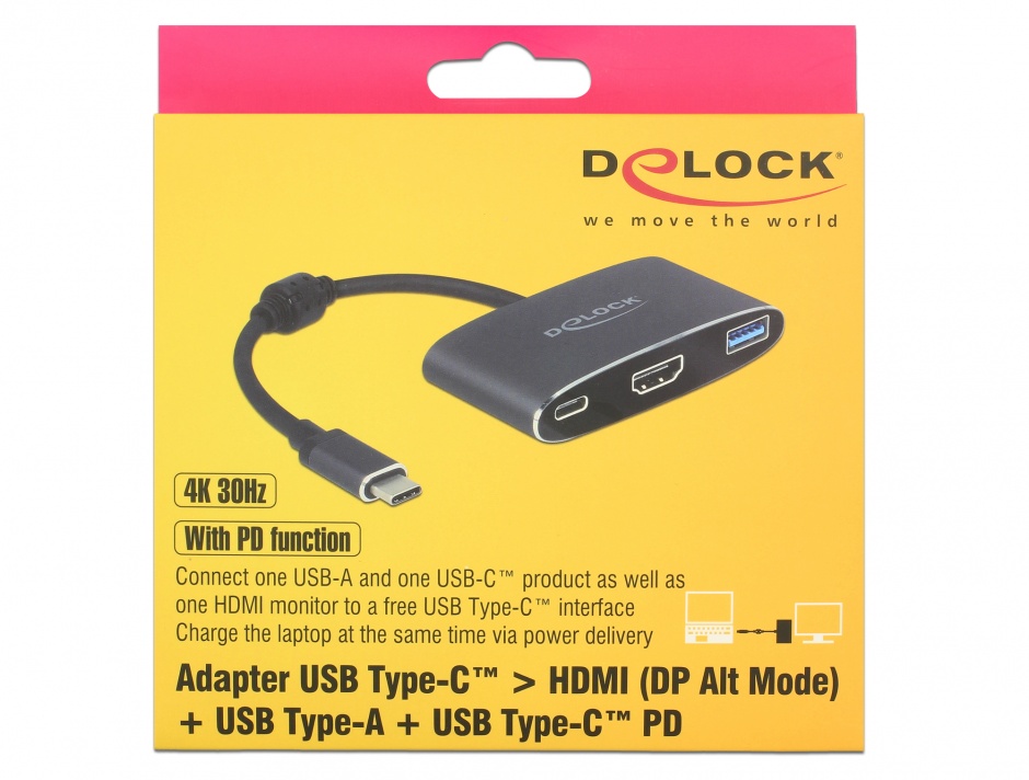 Imagine Adaptor USB tip C la HDMI (DP Alt Mode) 4K 30 Hz + USB-A + PD (power delivery), Delock 62991