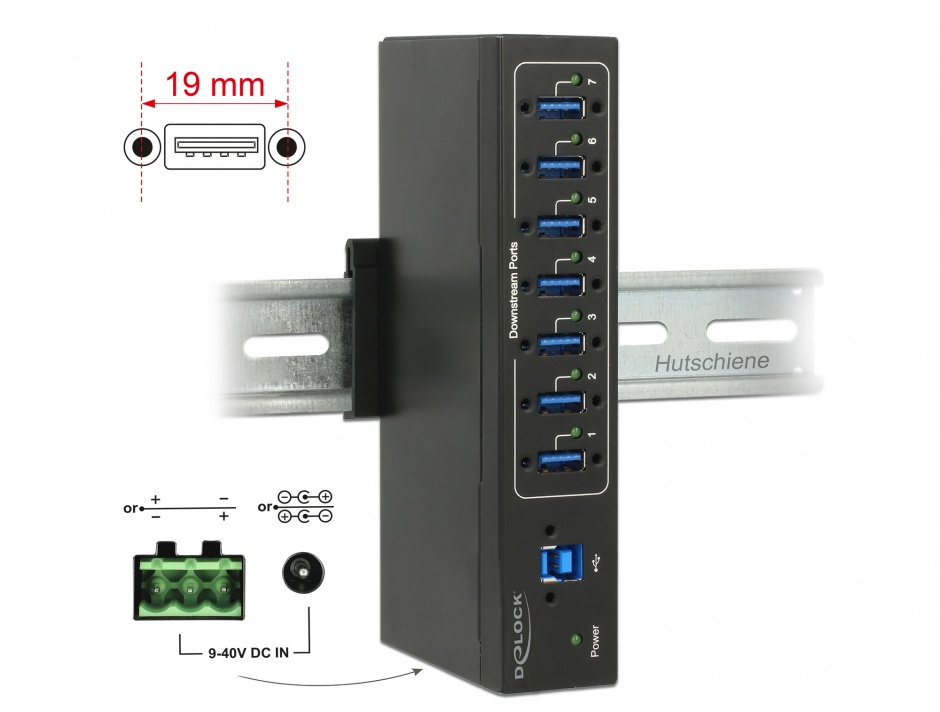 Imagine HUB extern industrial cu 7 x USB 3.0 tip A, protectie 15 kV ESD, Delock 63311