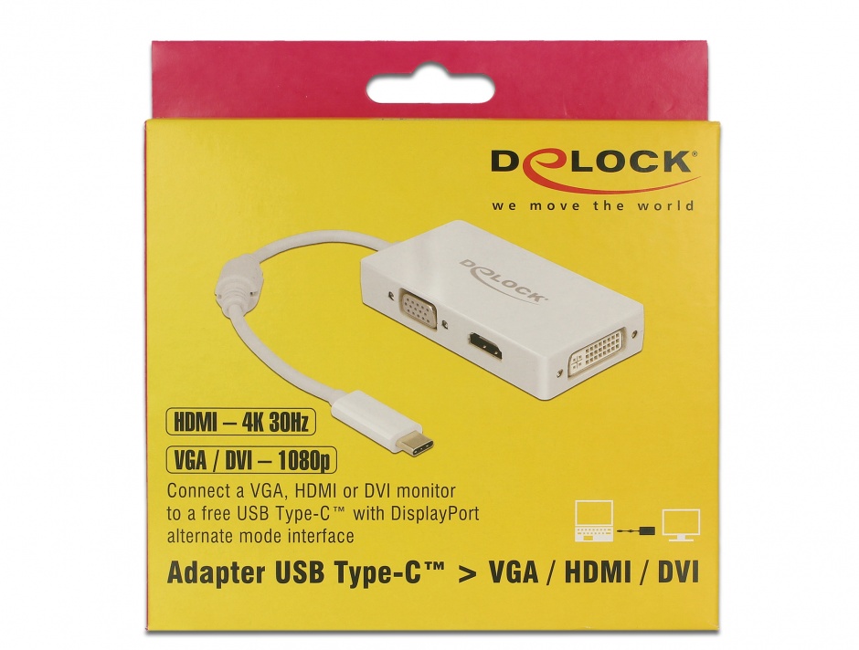 Imagine Adaptor USB-C la VGA / HDMI / DVI T-M alb, Delock 63924