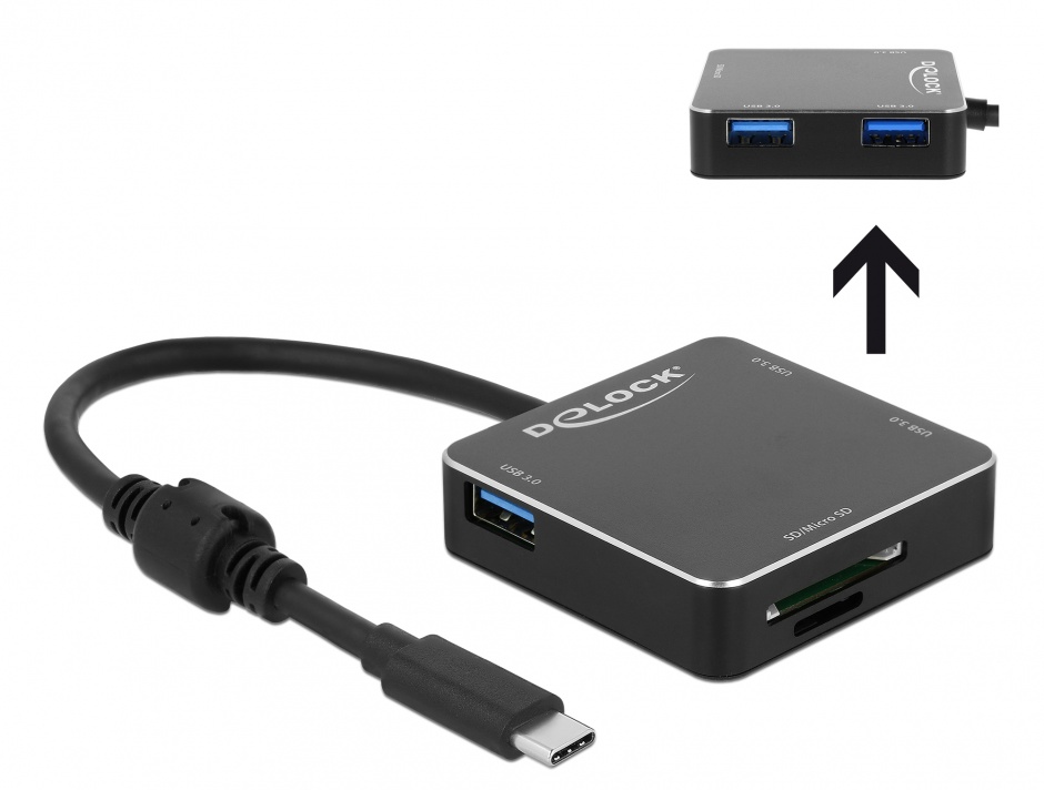 Imagine HUB USB 3.1-C la 3 x USB-A + slot SD + slot micro SD Negru, Delock 64042