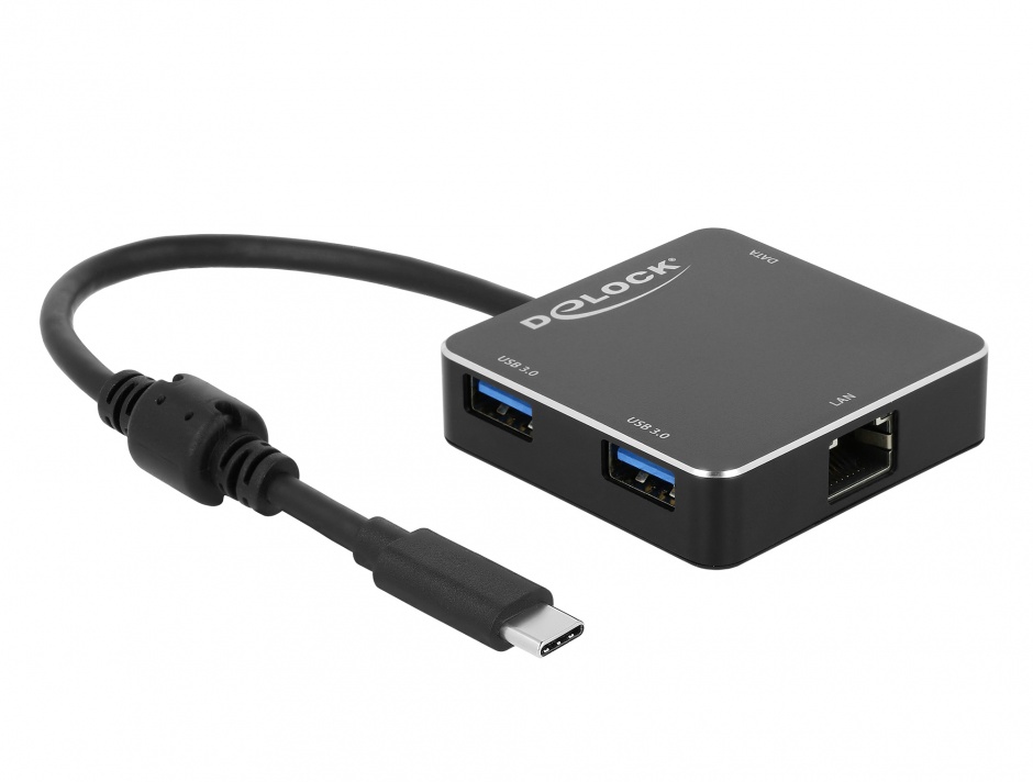 Imagine HUB USB 3.1-C cu 2 x USB-A + 1 x USB-C + 1 x Gigabit LAN Negru, Delock 64043