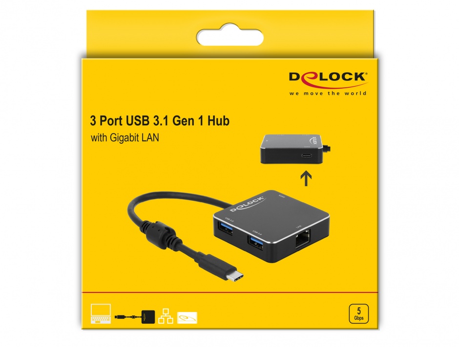 Imagine HUB USB 3.1-C cu 2 x USB-A + 1 x USB-C + 1 x Gigabit LAN Negru, Delock 64043