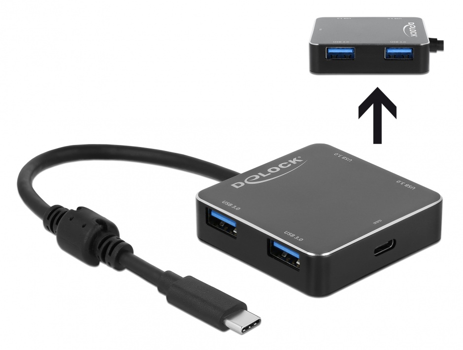 Imagine HUB USB 3.1-C la 4 x USB-A + PD (Power Delivery) Negru, Delock 64044 
