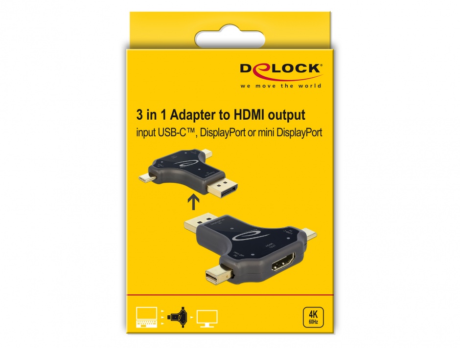 Imagine Adaptor 3 in 1 USB-C/ DisplayPort / mini DisplayPort la HDMI 4K@60Hz T-M Negru, Delock 64060