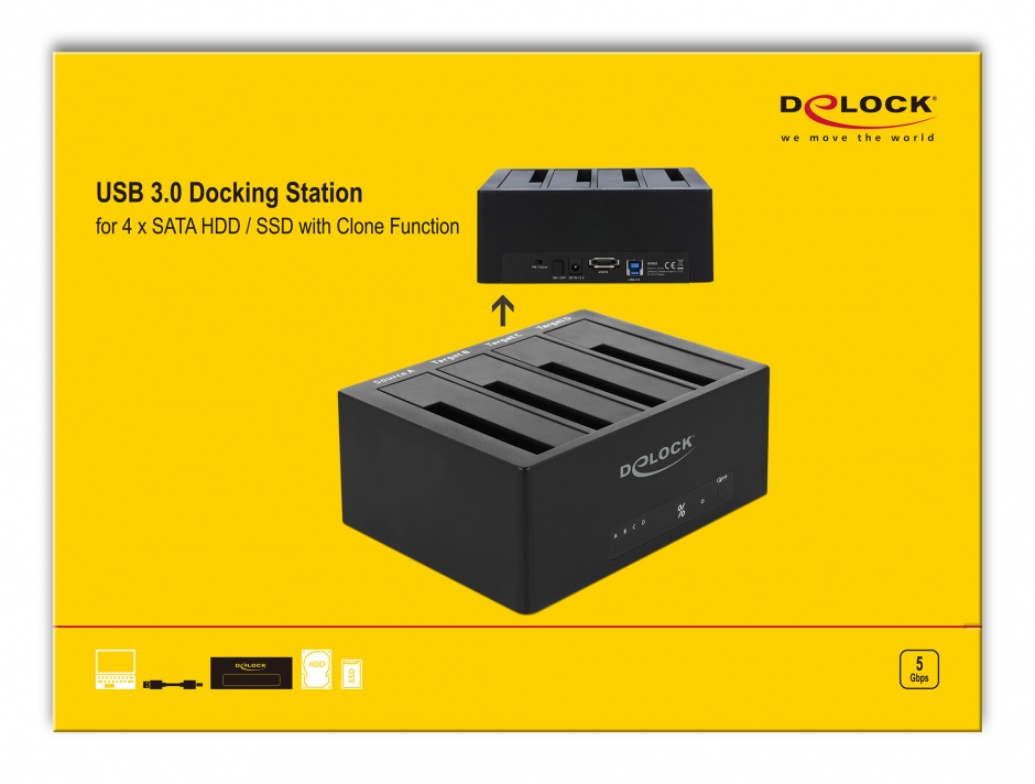 Imagine Docking Station USB 3.0 pentru 4 x HDD/SSD SATA 2.5"+3.5" + Functie Clona, Delock 64063