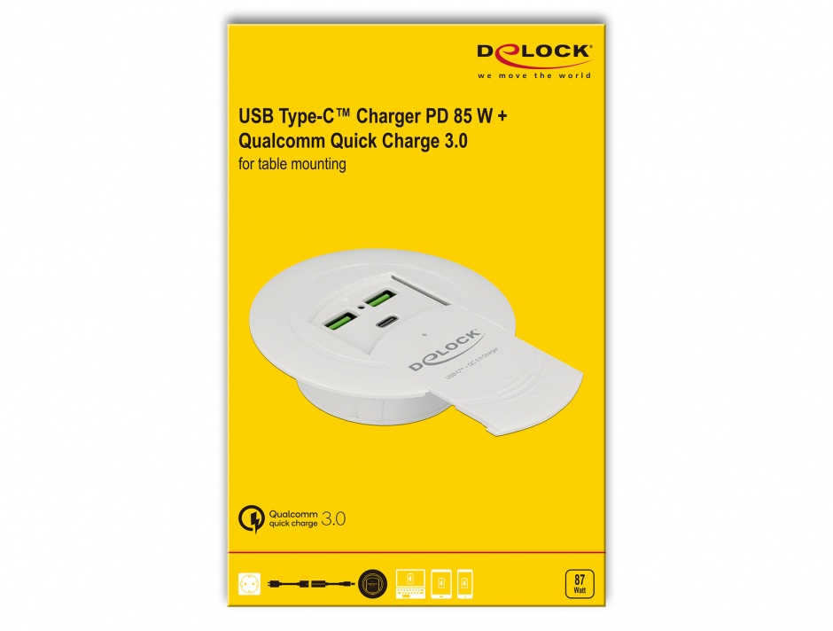 Imagine Incarcator USB-C PD 85 W + Qualcomm Quick Charge 3.0 montare masa, Delock 64065
