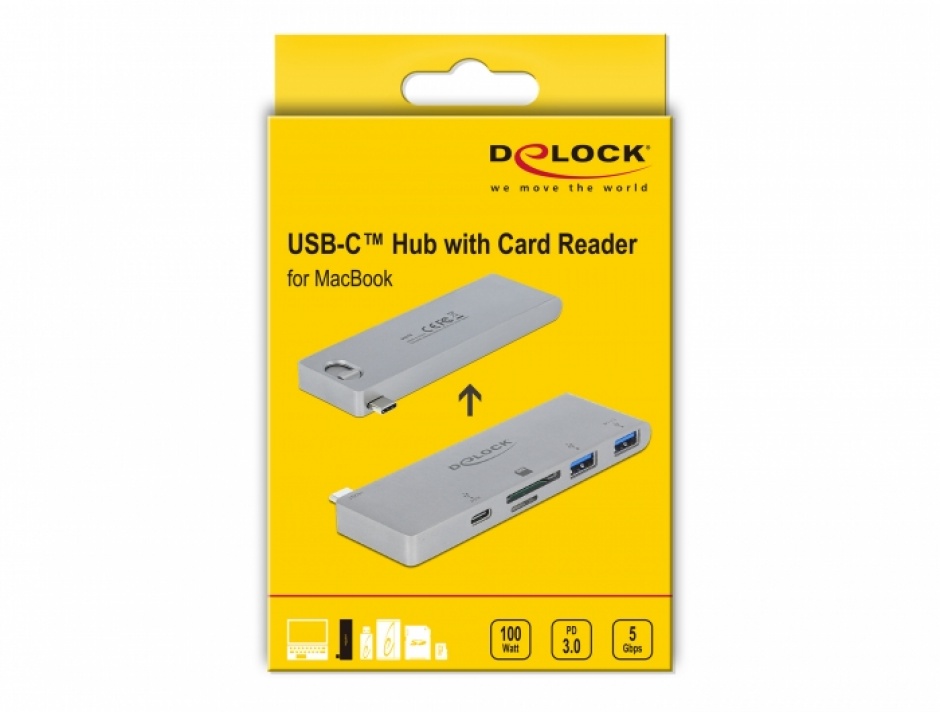 Imagine HUB USB-C la 2 porturi USB 3.1-A + 1 x USB-C + 1 x SD + 1 x micro SD pentru MacBook PD 3.0, Delock 6