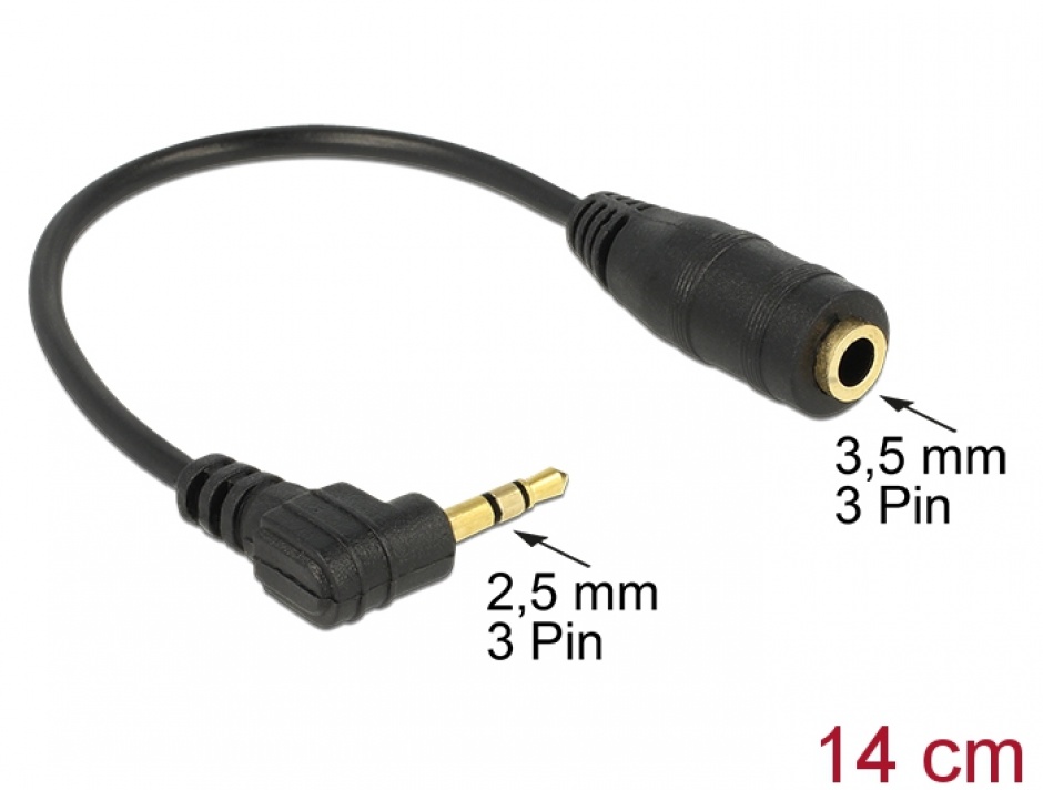 Imagine Cablu audio Stereo 2.5 mm T in unghi la 3.5 mm M 3 pini, 14 cm, Delock 65397