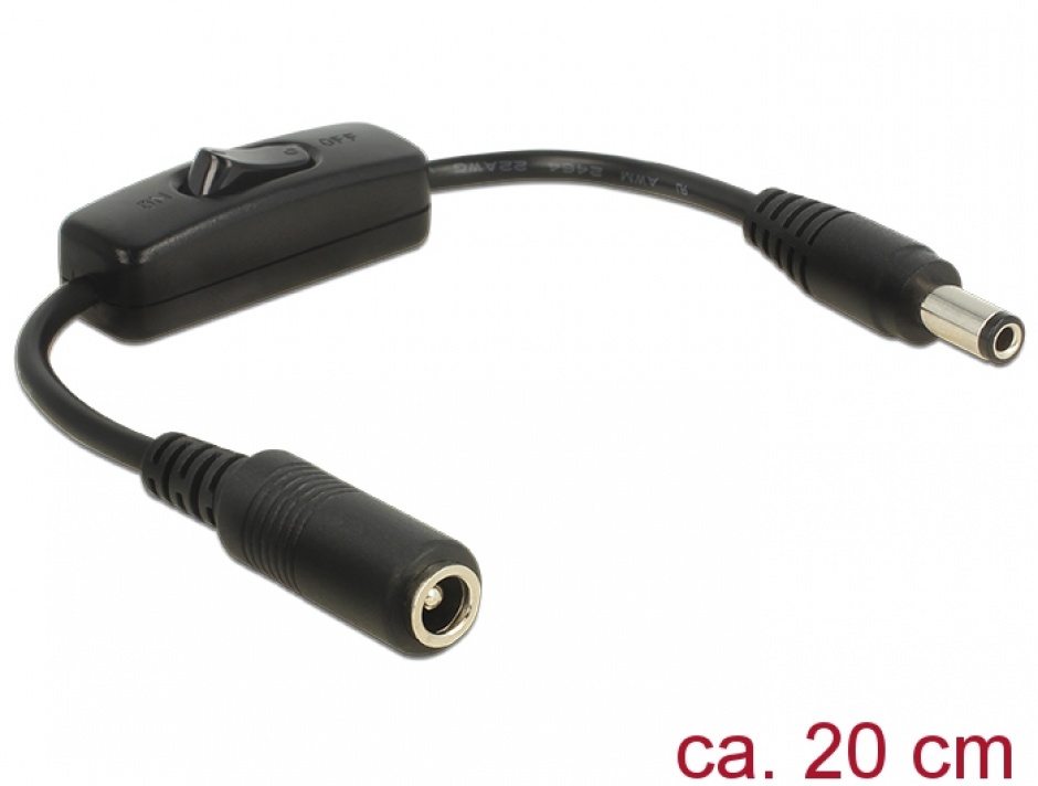 Imagine Cablu prelungitor DC 5.5 x 2.5 mm T-M cu switch 0.2m, Delock 65497