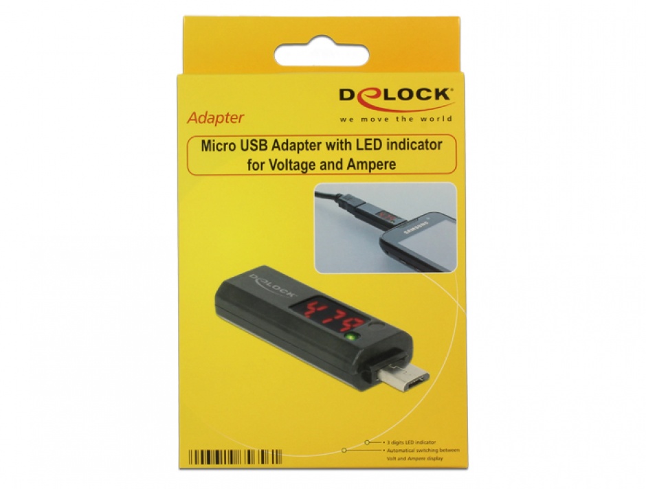 Imagine Adaptor micro USB cu indicator LED pentru voltaj/amperaj, Delock 65656