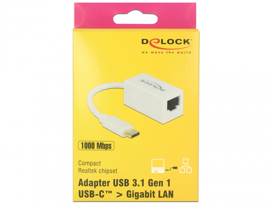 Imagine Adaptor USB 3.1-C Gen 1 la Gigabit LAN compact alb, Delock 65906