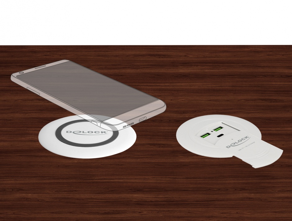 Imagine Incarcator Wireless Qi Fast Charger 7.5 W + 10 W montare masa Alb, Delock 65918