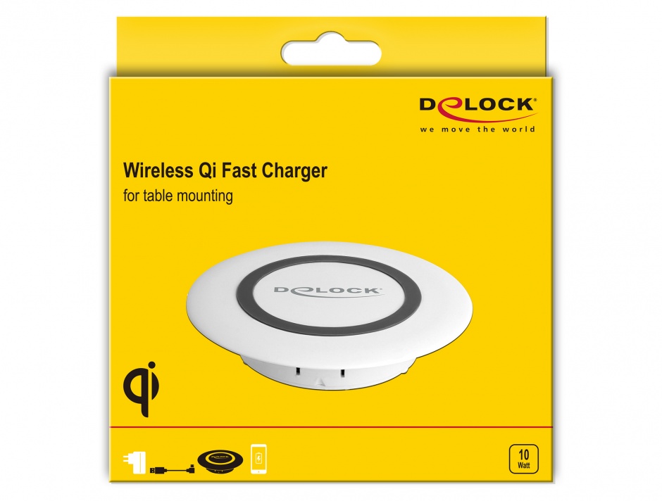 Imagine Incarcator Wireless Qi Fast Charger 7.5 W + 10 W montare masa Alb, Delock 65918