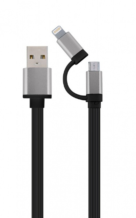 Imagine Cablu 2 in 1 USB 2.0 la micro USB-B + adaptor iPhone Lightning 1m Negru, Gembird CC-USB2-AM8PmB-1M-SG