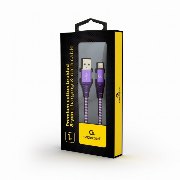Imagine Cablu date + incarcare USB la iPhone Lightning Premium 1m Mov/Alb, Gembird CC-USB2B-AMLM-1M-PW