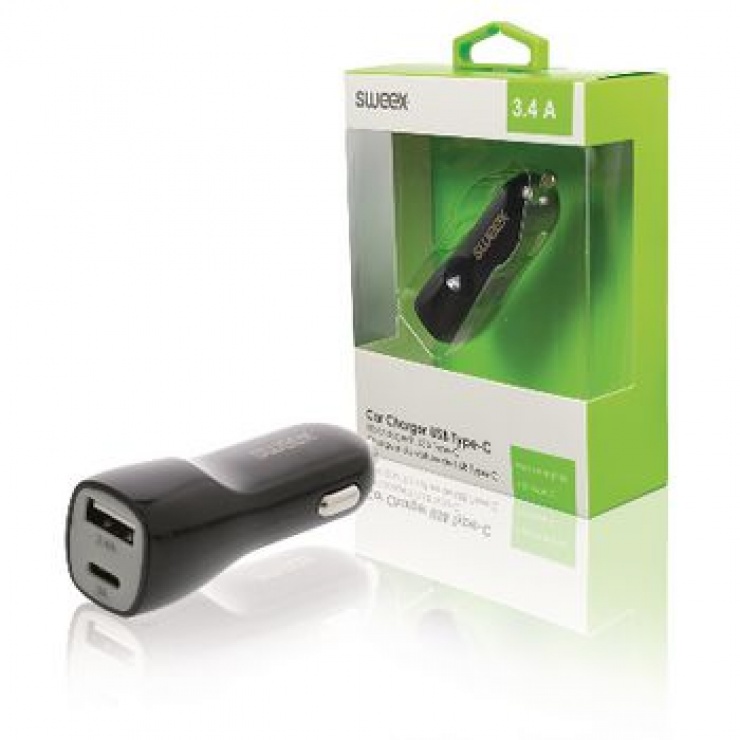 Imagine Incarcator auto USB-A + USB-C 3.4A Negru, Sweex CH-014BL 