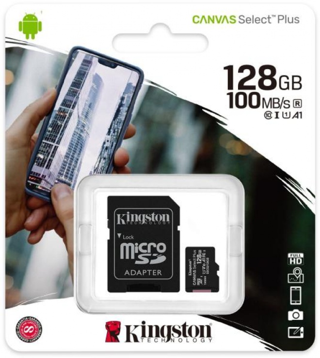 Imagine Card de memorie micro SDXC 128GB clasa 10 Canvas Select Plus, Kingston SDCS2/128GB