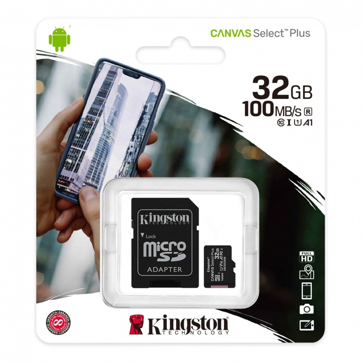 Imagine Card de memorie micro SD 32GB clasa 10 Canvas Select Plus, Kingston SDCS2/32GB