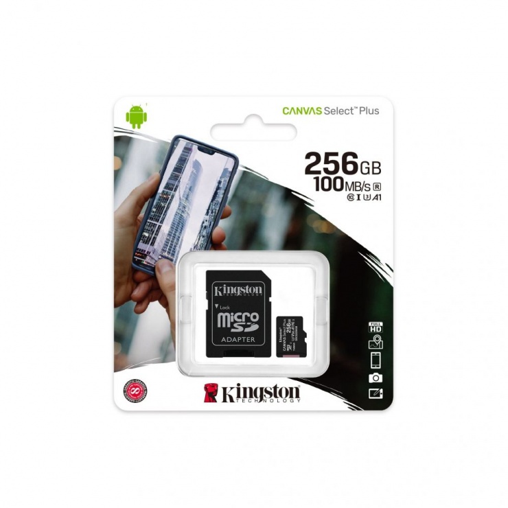 Imagine Card de memorie micro SD 256GB clasa 10 Canvas Select Plus, Kingston SDCS2/256GB