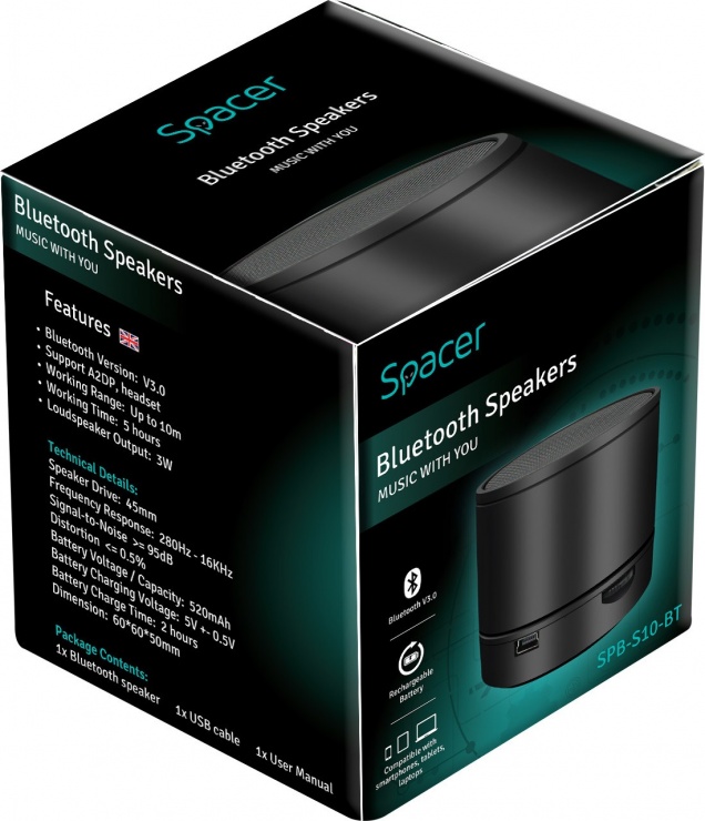 Imagine Boxa Bluetooth maxim 10m Negru USB, SPACER SPB-S10-BT