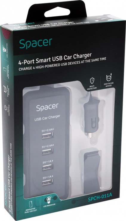 Imagine Incarcator auto cu 4 x USB 2.4 A Negru, Spacer SPCH-011A