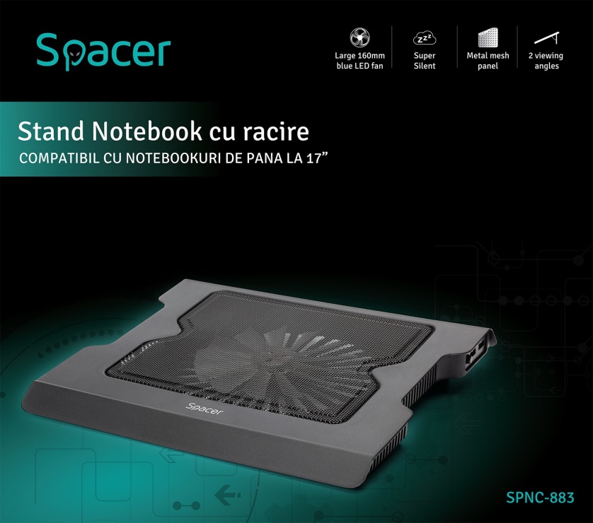 Imagine Stand notebook 17", 1 x fan 12mm cu led albastru, Spacer SPNC-883