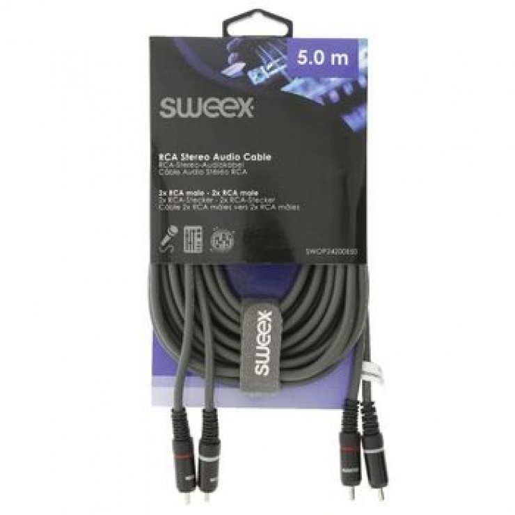 Imagine Cablu audio 2 x RCA la 2 x RCA T-T 5m Gri, Sweex SWOP24200E50-1
