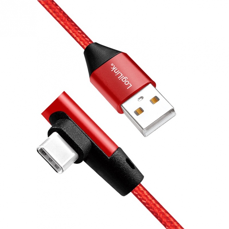 Imagine Cablu USB 2.0 la USB-C unghi 90 grade T-T 1m Rosu, Logilink CU0146