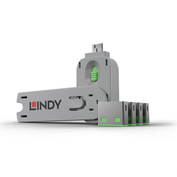 Imagine Sistem de blocare Port USB cheie + 4 incuietori Verde, Lindy L40451