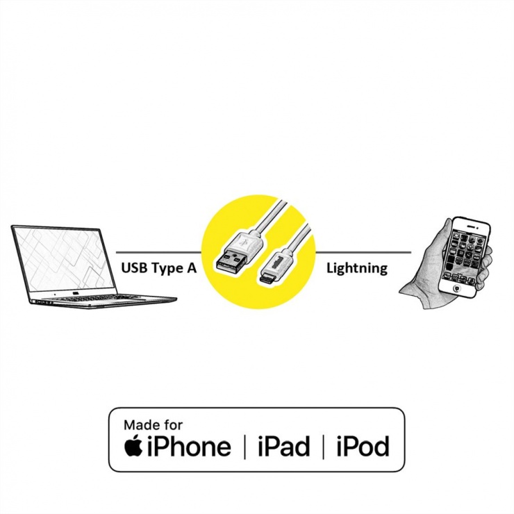Imagine Cablu de date + incarcare GOLD USB la iPhone Lightning T-T 1m + suport smartphone, Roline 11.02.8923
