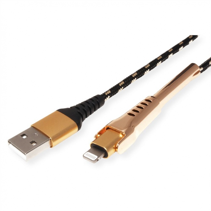Imagine Cablu de date + incarcare GOLD USB la iPhone Lightning MFI T-T 1m + suport smartphone, Roline 11.02.