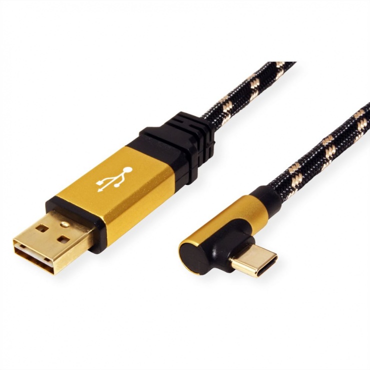 Imagine Cablu USB 2.0 tip C unghi 90 grade la USB-A reversibil GOLD T-T 3m, Roline 11.02.9062