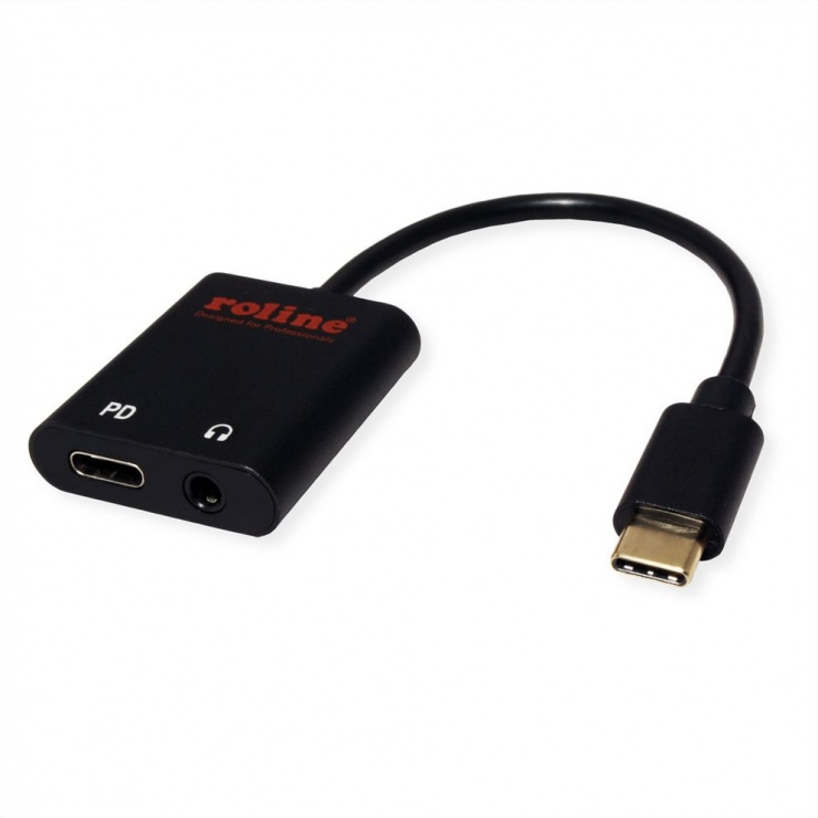 Imagine Adaptor USB-C la 1 x jack stereo 3.5mm + 1 x USB-C PD DAC T-M 0.13m Negru, Roline 12.03.3222