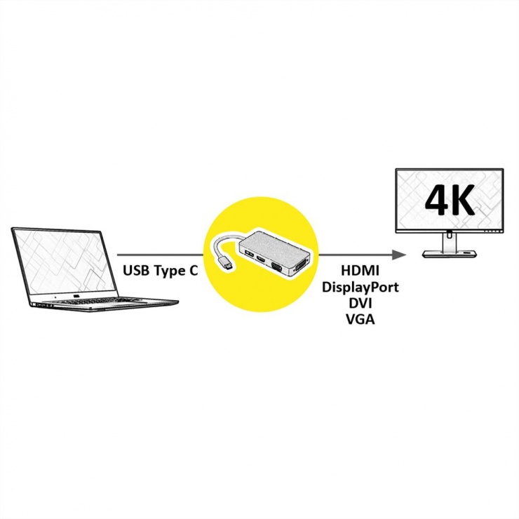 Imagine Adaptor USB tip C la VGA / HDMI / DVI / Displayport T-M, Value 12.99.3230