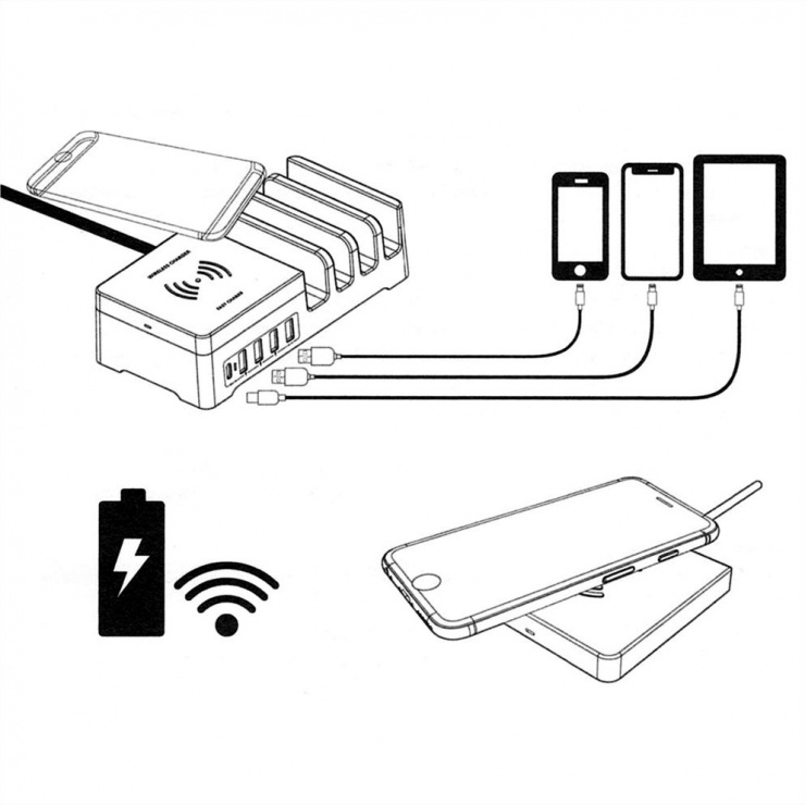 Imagine Statie de incarcare (incarcator priza) cu 5 x USB + Pad incarcare wireless 10W, Roline 19.11.1012