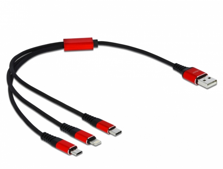 Imagine Cablu de incarcare 3 in 1 USB la iPhone Lightning / Micro USB / USB-C 30cm, Delock 85891