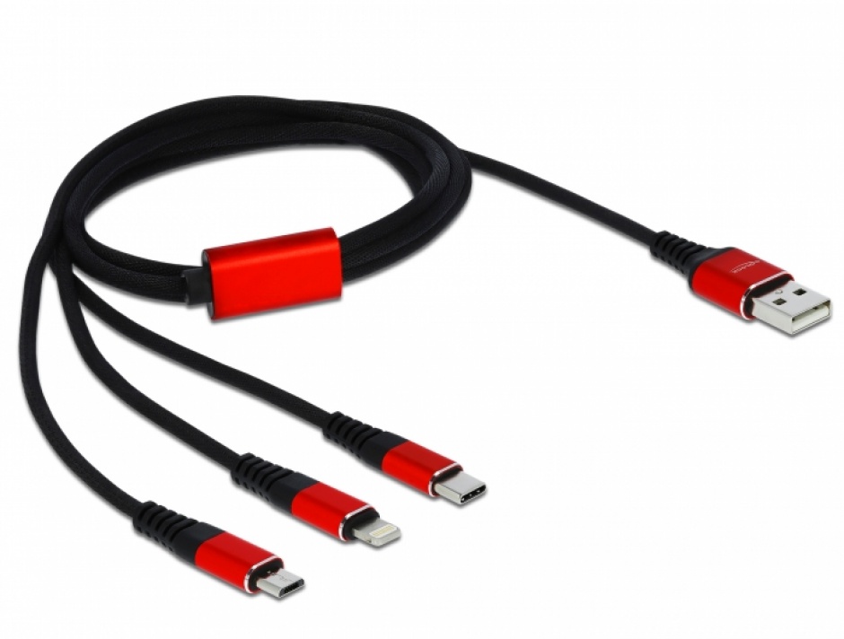 Imagine Cablu de incarcare 3 in 1 USB la iPhone Lightning / Micro USB / USB-C 1m, Delock 85892