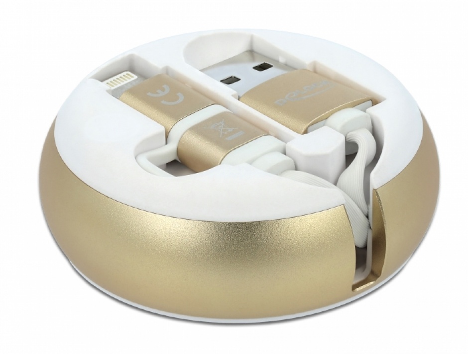 Imagine Cablu de date si incarcare USB 2.0 la micro USB-B + Lightning retractabil Alb/Auriu, Delock 85820