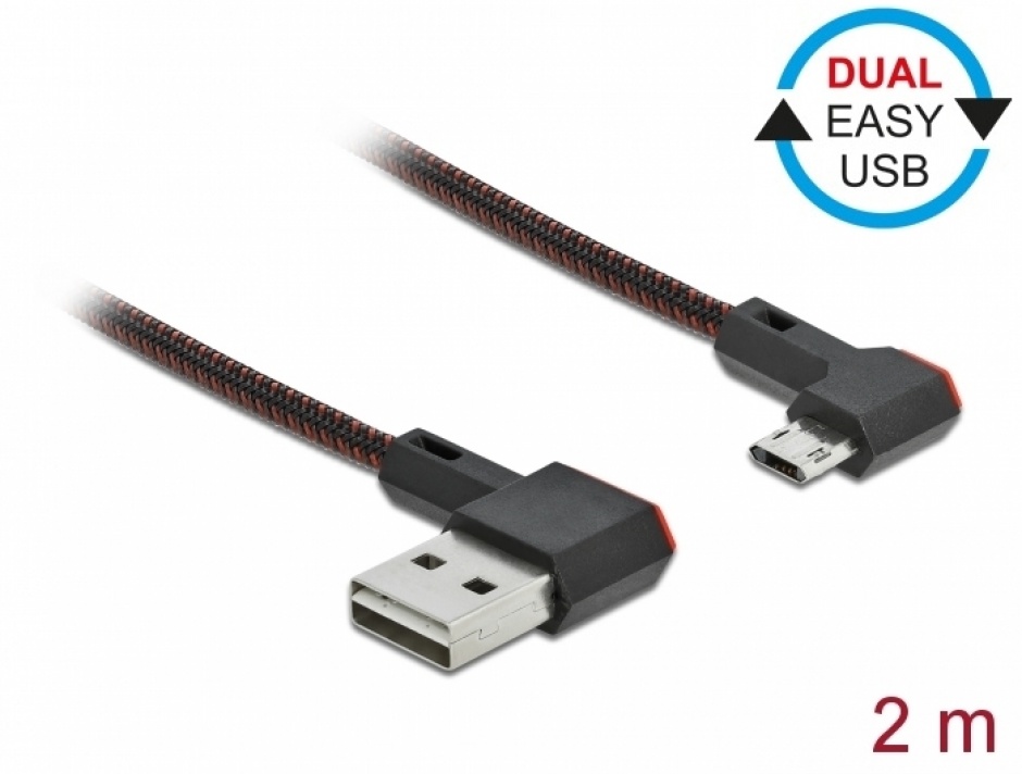 Imagine Cablu EASY-USB 2.0 la micro-B EASY-USB unghi stanga/dreapta 2m textil, Delock 85273