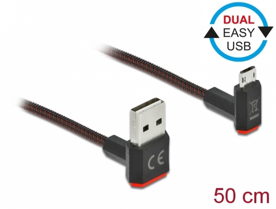 Imagine Cablu EASY-USB 2.0 la micro-B EASY-USB unghi sus/jos 0.5m textil, Delock 85265