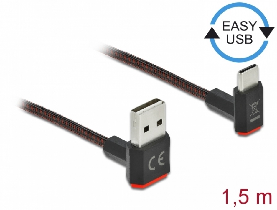 Imagine Cablu EASY-USB 2.0 la USB-C unghi sus/jos 1.5m textil, Delock 85277