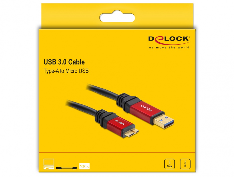 Imagine Cablu USB 3.0 la micro USB-B T-T 5m Premium, Delock 82763