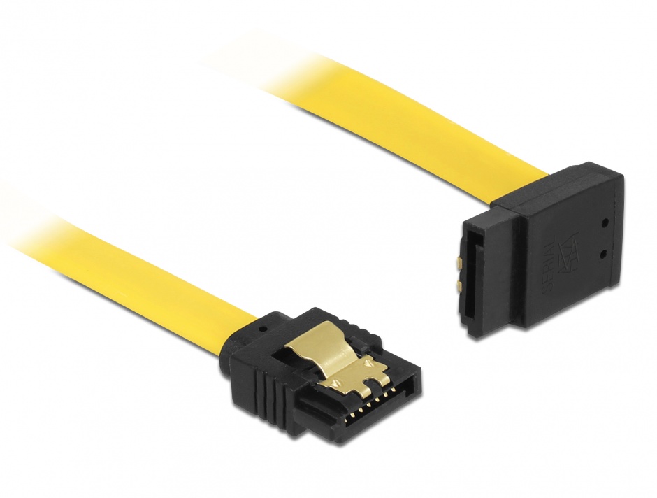 Imagine Cablu SATA III 6 Gb/s unghi sus-drept clips metalic 30cm galben, Delock 82804