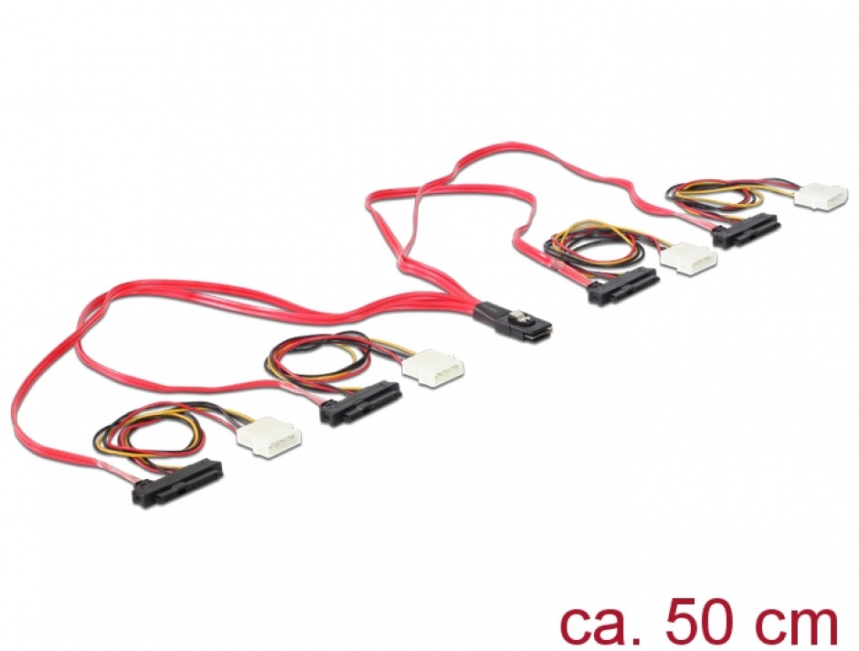 Imagine Cablu mini SAS SFF-8087 la 4 x SAS SFF-8482 + alimentare 50cm, Delock 83059