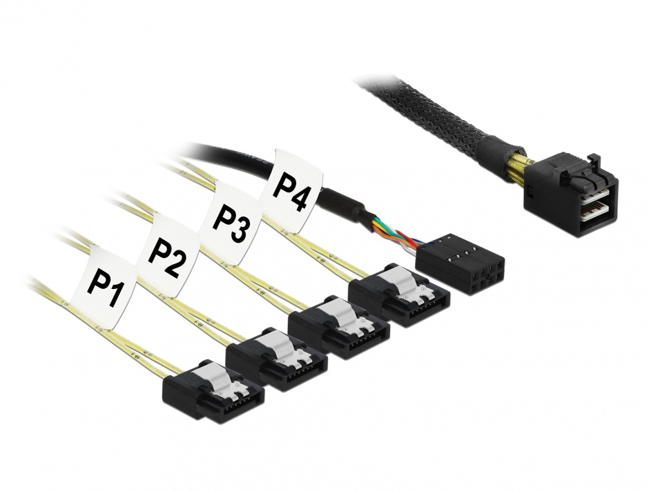 Imagine Cablu Mini SAS HD SFF-8643 la 4 x SATA 7 pini Reverse + Sideband 1m, Delock 83322