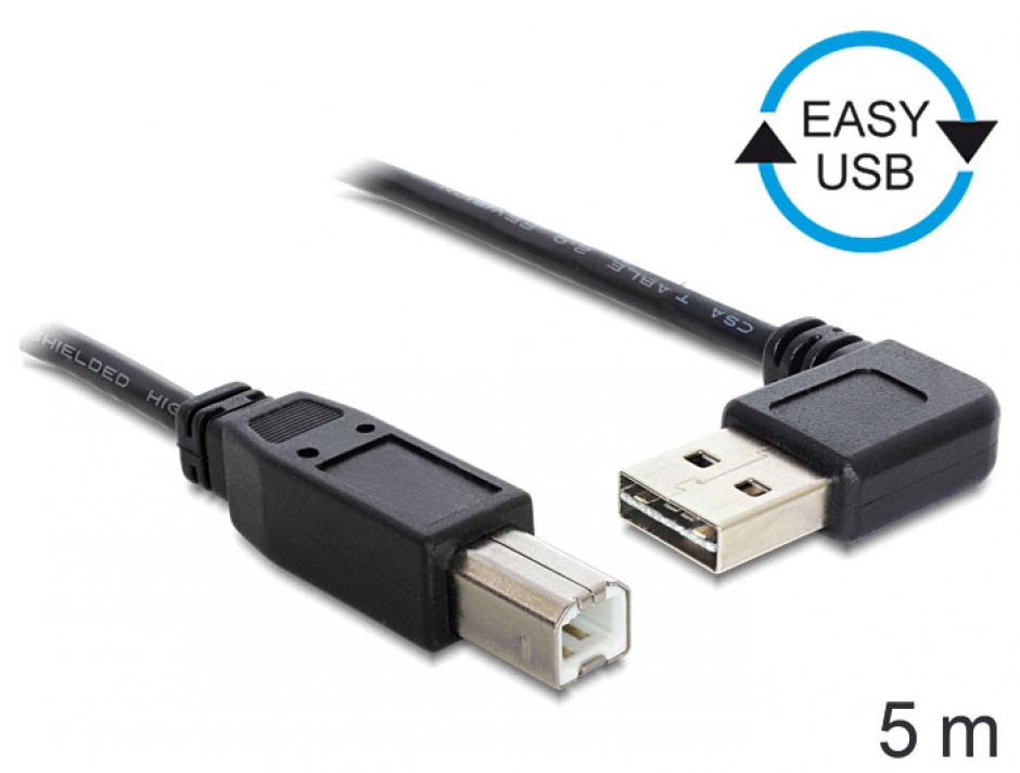 Imagine Cablu EASY-USB 2.0 tip A unghi stanga/dreapta la USB-B T-T 5m Negru, Delock 83377