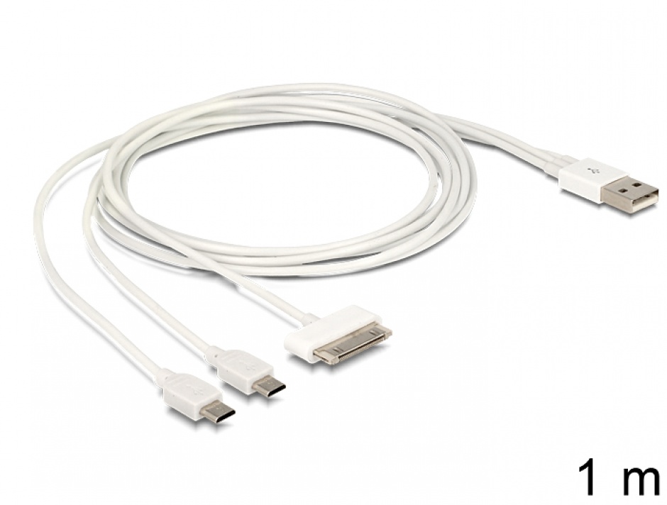Imagine Cablu USB Multicharging 1 x 30 pini Apple/Samsung + 2 x Micro USB 1m Alb, Delock 83420