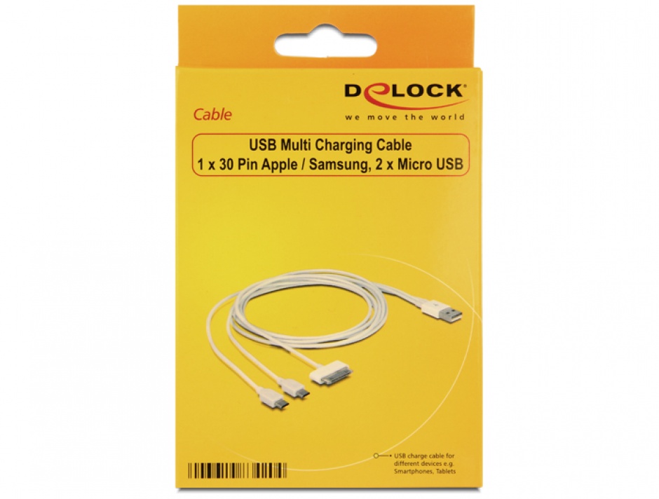 Imagine Cablu USB Multicharging 1 x 30 pini Apple/Samsung + 2 x Micro USB 1m Alb, Delock 83420