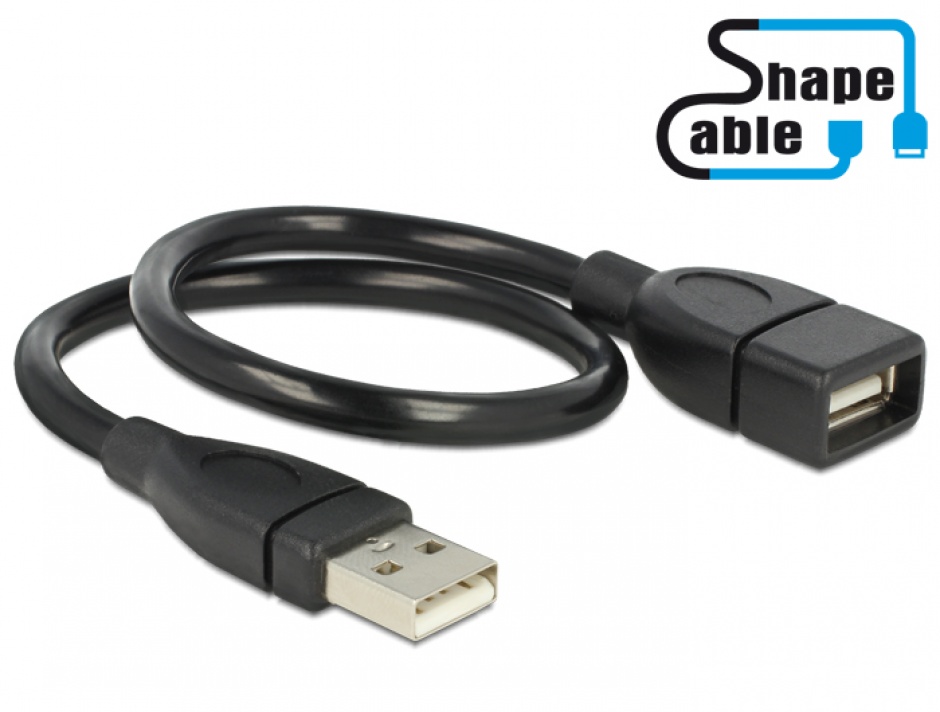 Imagine Cablu prelungitor USB 2.0-A T-M ShapeCable 0.35m Negru, Delock 83498